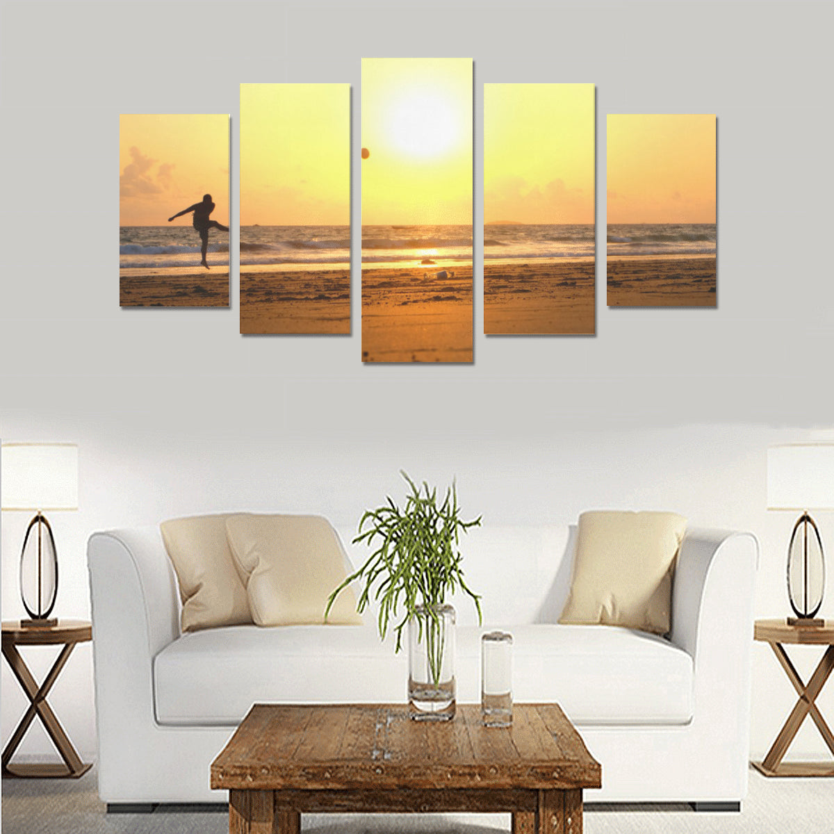 Silhouette Of Man Kicking Ball On Beach At Sunset - Canvas Print Sets A (No Frame) - Soccer Empire